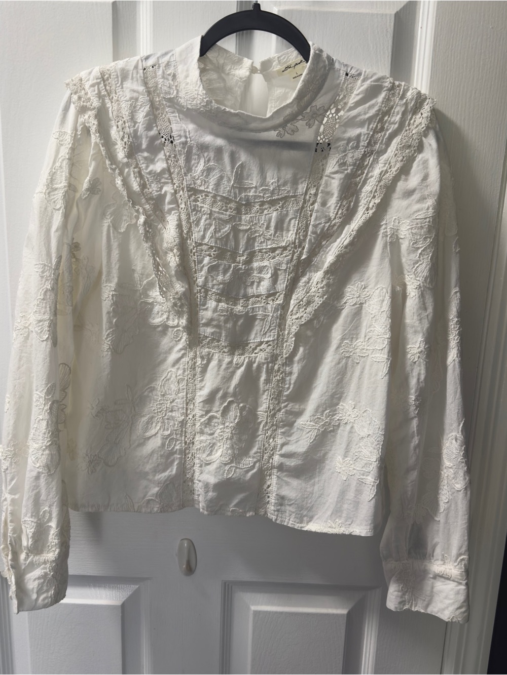 Anthropologie Ivory Lace-Embroidered High-Neck Blouse